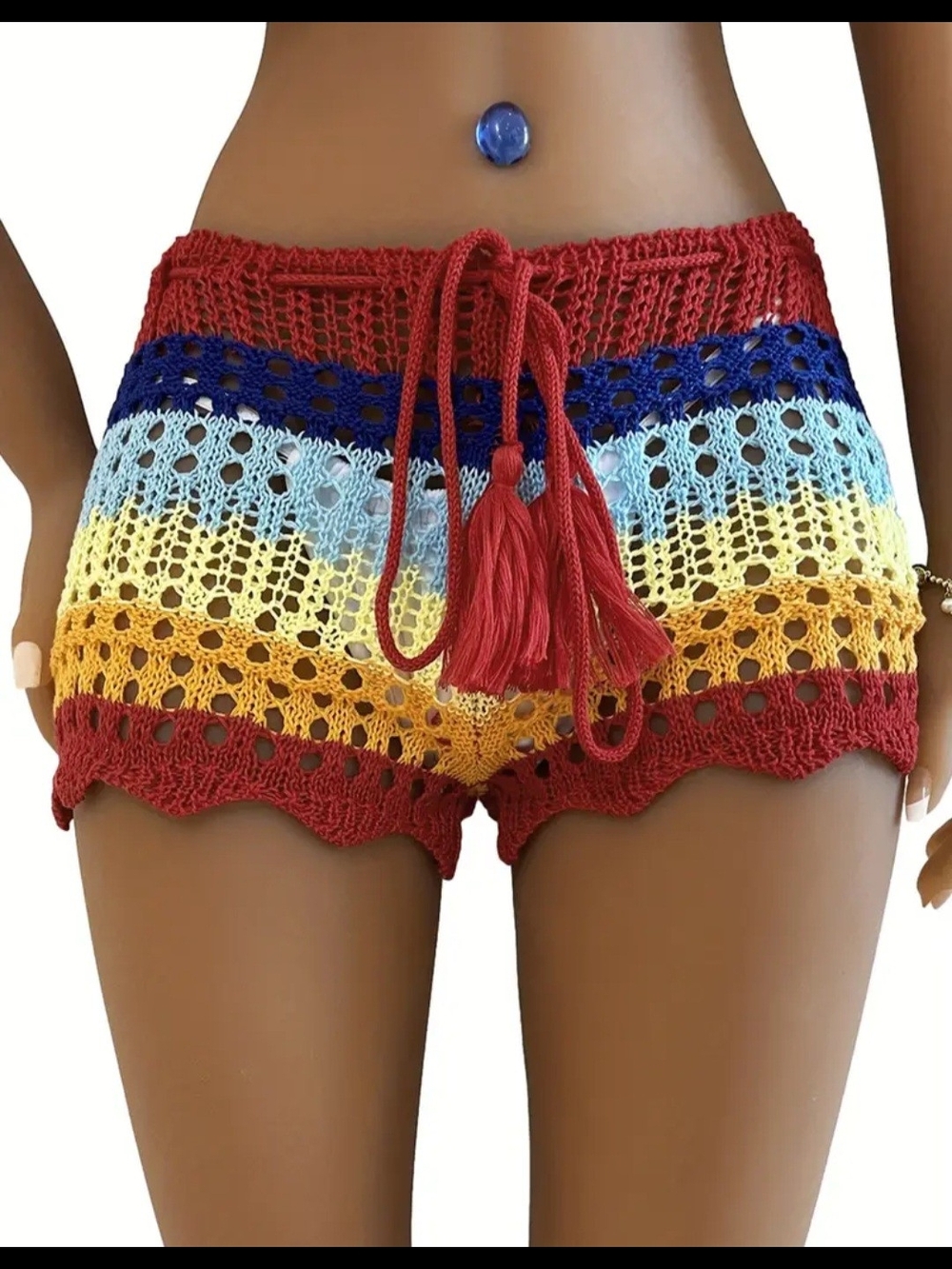 Handmade Crochet Rainbow Shorts with Tassel Tie